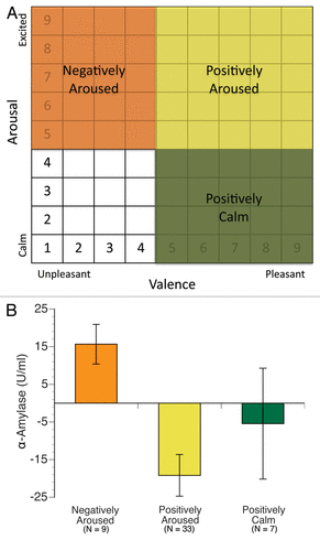 Figure 1 Emotional experience during a fear challenge determines physiological response. (A) The affect grid questionnaire color coded to indicate the four quadrants in which participants could describe their experience during the fear challenge: high arousal and low pleasantness corresponds to the negatively aroused quadrant (N = 9); high arousal and high pleasantness corresponds to the positively aroused quadrant (N = 33); low arousal and high pleasantness corresponds to the positively calm quadrant (N = 7); none of the participants rated themselves in the low arousal low pleasantness quadrant. (B) Salivary α-amylase responses (post-challenge minus pre-challenge levels) for participants in each quadrant (color-coded to match the corresponding quadrant in A, above). Negatively aroused participants showed a pronounced a-amylase response to the fear challenge (indicative of sympathetic nervous system activity).