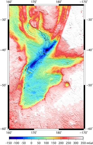 Figure 11. One arc-minute grid of Bouguer anomalies (mGal) over the region 25°S to 60°S and 160°E to 170°W. This shows the strength of the Earth’s gravity minus the gravitational effect of an Earth approximating ellipsoid and the topography above mean sea level and replacing the gravitational effect of seawater with the effect of rock with density 2.67 Mg/m3.