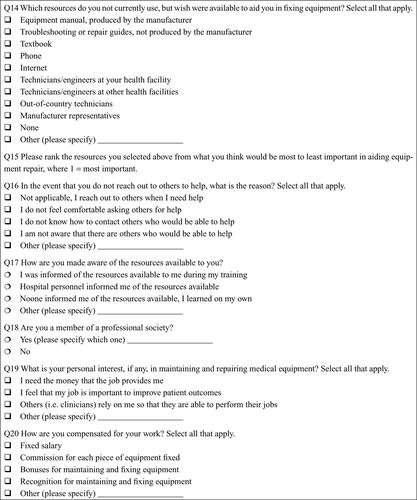 Figure S1 Surveys used in this research.Notes: (A) Biomedical technician practices and resources; (B) usability of application; and (C) content validity of application.