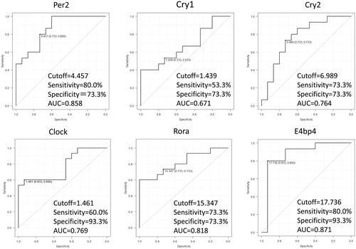 Figure 4. ROC curves of the expressions of clock genes before/after treatments. The cutoff values, the sensitivities, the specificities and the AUCs are shown in the figures.