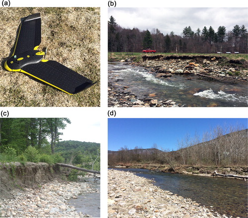 Figure 2. (a) senseFly eBee UAS; (b) section of streambank along Shepard Brook in November 2015; (c) example of eroding streambank along Mad River in July 2015 with presence of summer vegetation growth; and (d) section of streambank along New Haven River that experienced significant erosion in April 2016. Source: Author