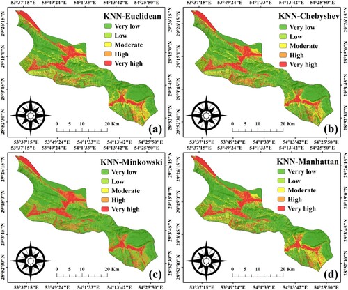 Figure 7. Flood-prone area mapping by (a) KNN-Euclidean, (b) KNN-Chebyshev, (c) KNN-Minkowski, and (d) KNN-Manhattan.