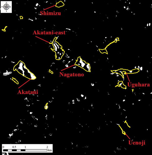 Figure 12. Landslide areas detected by COSMO-SkyMed using backscattering coefficient difference with no speckle filter (yellow polygons: landslide areas detected by EROS-B image; white: landslide areas detected by COSMO-SkyMed images).