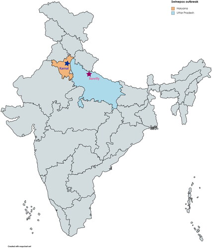 Figure 1. Map showing locations of clinical outbreaks of swinepox that occurred in two Indian states viz., Haryana, and Uttar Pradesh.
