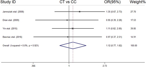 Figure 5. Forest plot of association between MDR1 (rs1045642 C > T) SNP and MM risk under CT vs. CC model.