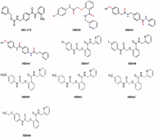 Figure 1. The structures of MS-275 and its chemical analogues that produced the highest Hb-inducing activity in K562 cells.