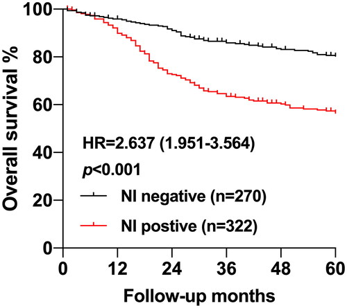 Figure 3. Kaplan–Meier curves for overall survival according to the positivity of NI.