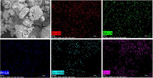 Figure 1. EDX/elemental mapping of the NdFeB magnet powders.