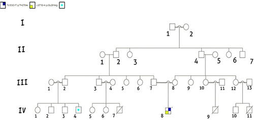 Figure 1 This pedigree displays four generations of relations to the patient who is indicated with the black arrow in IV-8. The family reported three infantile deaths due to undiagnosed febrile illness (IV-7, IV-9, IV-11), IV-4 has recurrent febrile illness with seizures. The pedigree shows six consanguineous marriages one in the first generation (I-1 and I-2), and five in the third generation (III-1 and III-2), (III-3 and III-4), (III-7 and III-8), (III-10 and III-11), and (III-12 and III-13). This pedigree is created using (https://progenygenetics.com) website.