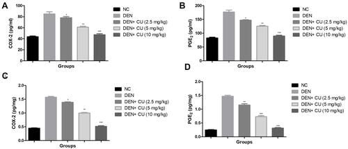 Figure 8 Effect of curcumae on the inflammatory parameters of obesity-induced hepatocellular carcinoma in rats. (A) COX-2 (serum), (B) PGE2 (serum), (C) COX-2 (liver tissue), (D) PGE2 (liver tissue). Tested group rats were compared with the DEN control group rats. *P<0.05, **P<0.01 and ***P<0.001 were considered as significant, more significant and extreme significant, respectively.