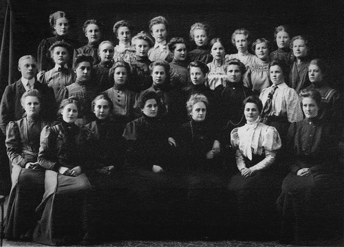 Figure 3. Class of 1907, junior school teacher training college in skellefteå. Augusta saedén (front row, fifth from right) was the first headmistress when the teacher college became permanent in 1892 and continued as such retirement until retirement in 1917. Saedén was succeeded by ida Nordsvan (front row, sixth from right) whose term as headmistress ended when the college closed in 1929. A majority of the future teachers were born in either 1887 or 1888. The only man in the picture is one of the few men that entered junior school teacher training.