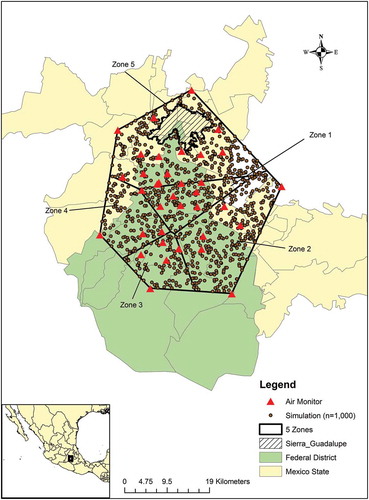 Figure 1. Location of simulated subjects’ residences, Thiessen polygons, and air quality monitors in Mexico City.