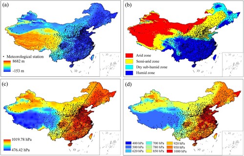 Figure 1. Spatial distribution of 2153 meteorological stations and elevation (a), climate zones (b), annual average surface pressure (c), and the lowest vertical pressure level (d) in mainland China.