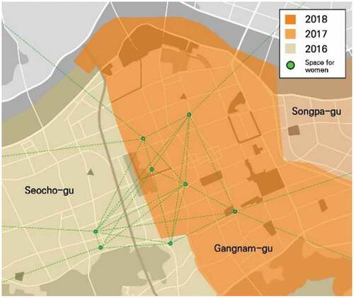 Figure 15. Emergence of space for Korean women and its current network. Different shades indicate the enforcement of a woman-friendly city in each borough of Gangnam. Spaces for women in the Gangnam area include facilities and institutions for multicultural families, working moms, sexual violence victims, etc. These organizations continue to expand from Gangnam to other parts of Seoul.