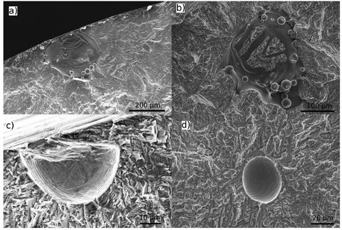 Figure 5. Examples of various failure mechanisms from defects for L-PBF machined specimen: (a) LoF pores at the free surface, (b) LoF pores in the bulk, (c) Gas pores at the free surface, and (d) Gas pores in the bulk [Citation48].