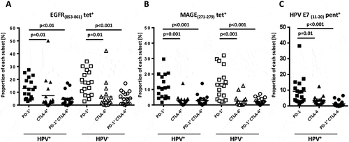 Figure 1. Antigen specific T cells of HNC patients express exhaustion markers. Antigen specific CD8+T cells were identified using EGFR (853–861)-, MAGE(271–279)- and HPV-E7(11–20)-specific tetramers/ pentamers and counter-stained with PD-1 and CTLA-4 (t test, HPV+ n = 18, HPV− n = 18)