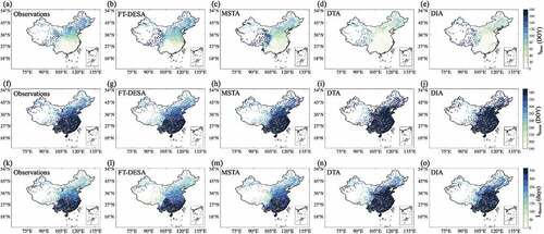 Figure 8. Spatial distributions of mean annual (a-e) tthaw, (f-j) tfreeze, and (k-o) Lthawed for observations and the PM overpass results of four FT algorithms: FT-DESA, MSTA, DTA, and DIA.