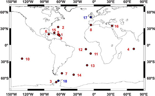 Figure 1. Map of the locations of the British Overseas Territories in Table 1 (red dots) and two additional stations (blue dots).