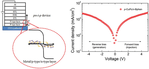 Figure 10. Device structure of the iOLED using the organic p–n junction as an electron injection and electron-transporting layer, and J–V characteristics of the organic p–n junction composed of p-CuPc/n-Bphen. [Reprinted from Lee et al. Citation116, © 2012, with permission from Elsevier.]