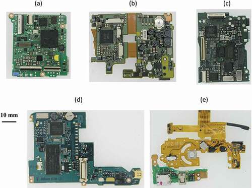 Figure 6. Examples of images of waste digital-camera board. (a) (b) Green boards, (c) dark-green board, (d) blue-green board, (e) flexible board.