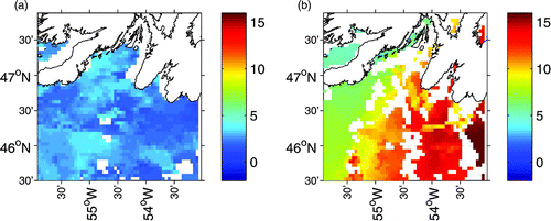 Fig. 10 Five-day satellite SST (°C) images from NOAA during late April (22–26 April) and mid-June (15–19 June) 1999.