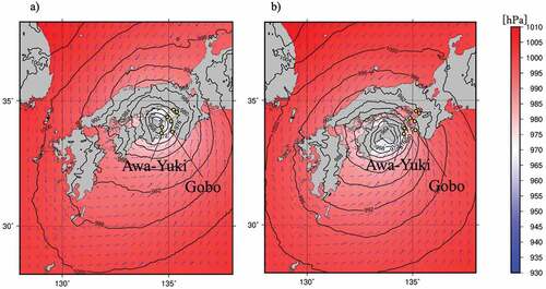 Figure 14. Pressure field (contours) and wind field (arrows) for T1511 at (a) 15111400 and (b) 15111500. Both are from Case 1. The yellow markers indicate the storm surge observation points.