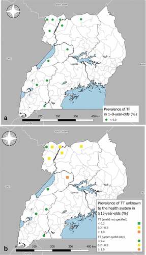 Figure 1. Prevalence of (a) trachomatous inflammation—follicular (TF) in 1–9-year-olds, and (b) trachomatous trichiasis (TT) unknown to the health system in ≥15-year-olds, in refugee settlements in Uganda, April 2018–February 2020. The definition of an evaluation unit in these surveys was all refugee settlements within a given district. Coloured symbols are positioned at the centroid of districts from which refugee settlements were sampled. The boundaries and names shown and the designations used on these maps do not imply the expression of any opinion whatsoever on the part of the authors, or the institutions with which they are affiliated, concerning the legal status of any country, territory, city or area or of its authorities, or concerning the delimitation of its frontiers or boundaries.