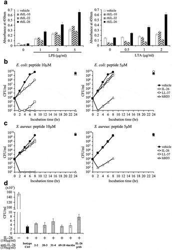 Figure 6. Addition of novel anti-IL-26 mAbs hardly affects the antimicrobial activity of IL-26.(a) Immobilized recombinant human IL-10 (rhIL-10), IL-22 (rhIL-22), IL-26 (rhIL-26) or vehicle (PBS) alone was incubated with the indicated concentrations of purified LPS (left panel) or LTA (right panel). The absorbance at 450 nm/570 nm was measured. Representative data of three independent experiments are shown as mean ± S.D. of triplicate samples, and similar results were obtained in each experiment. (b, c) Growth kinetics of Escherichia coli (b) and Staphylococcus aureus (c) cultured with 10 μM (left panels) or 5 μM (right panels) rhIL-26, LL-37 or human β-defensin 3 (hBD3). (d) Escherichia coli was cultured with 10 μM rhIL-26 for 6 hr. Prior to the onset of culture, the indicated Ab or isotype control Ab (isotype ctrl) was added to the culture wells to give a final concentration of 150 μg/ml each. (b-d) Serial dilutions of bacterial cultures were plated onto agar plates, and the number of colonies was counted. Representative data of three independent experiments are shown as mean ± S.D. of triplicate samples, and similar results were obtained in each experiment.