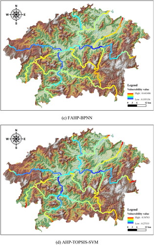 Figure 10. Results of vulnerability obtained based on machine learning models: (a) FAHP-SVM, (b) FAHP-RF, (c) FAHP-BPNN, (d) AHP-TOPSIS-SVM, (e) AHP-TOPSIS-RF, (f) AHP-TOPSIS-BPNN.