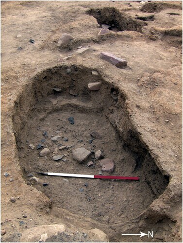 Figure 6 Structure O56, showing the workbench with drilled holes and coarse stone artefacts (photo: S. Mithen and B. Finlayson).