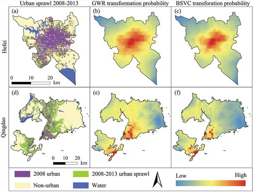 Figure 5. 2008–2013 urban sprawl and the GWR and BSVC transformation probability maps: (a) Hefei’s urban sprawl; (b) GWR transformation probability map in Hefei; (c) BSVC transformation probability map in Hefei; (d) Qingdao’s urban sprawl; (e) GWR transformation probability map in Qingdao; and (f) BSVC transformation probability map in Qingdao