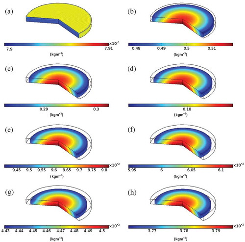 Figure 7. The moisture distributions (w.b) inside the banana sample during drying with the air temperature of 100°C at different elapsed times; (a) 0 s, (b) 2000 s, (c) 4000 s, (d) 6000 s, (e) 9000 s, (f) 12000 s, (g) 15000 s, (h) 18000 s.