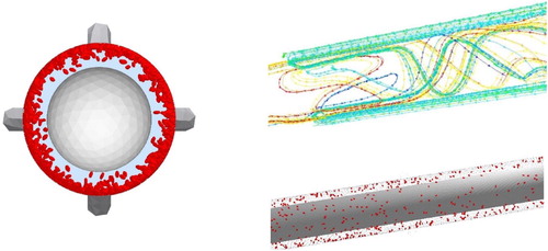 Figure 10. Drilling fluid path lines around the nozzles and flaky particles in the wellbore annulus.