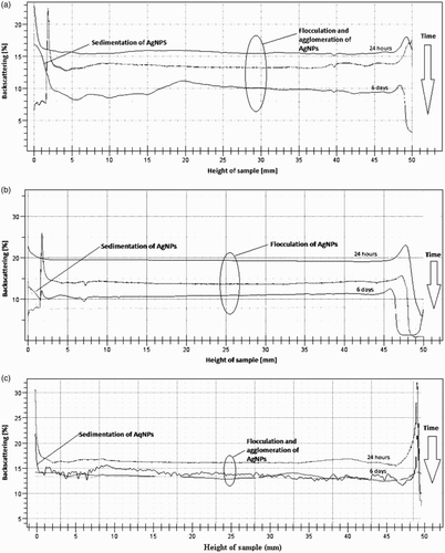Figure 3. The stability of AgNPs synthesized using aqueous (a), aqueous-ethanolic (b) or ethanolic (c) S. rebaudiana leaf extracts, determined by the Multiple Light Scattering technique.