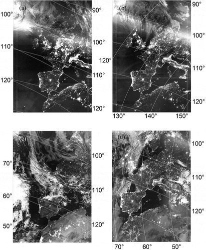 Figure 7. HNCC imagery showing Europe and North-West Africa (a) during new-moon (2 August 2016), (b) quarter-moon waxing (8 August 2016), (c) full-moon (18 August 2016), and (d) half moon waning (25 August 2016). Grid lines show the sun zenith angle (numbers right of images) and the moon zenith angle (numbers left or below of images). Note that in the quarter-moon scene (b) the moon has not risen above the horizon, yet.