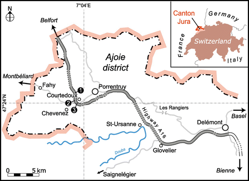 Figure 1. Geographical setting of the Ajoie district (NW Switzerland) and the three Late Jurassic tracksites along Highway A16 (‘Transjurane’), where the studied material comes from. Inset shows location within Switzerland. Numbers indicate the location of the tracksites: 1, Courtedoux–Bois de Sylleux (BSY); 2, Courtedoux – Tchâfouè (TCH); 3, Courtedoux–Sur Combe Ronde (SCR).