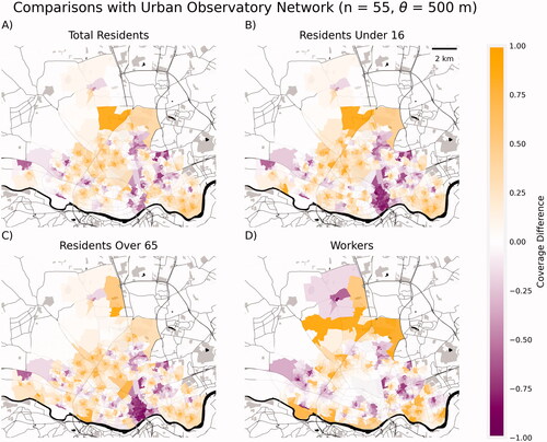 Figure 10 Difference between existing Urban Observatory (UO) network of air quality sensors and single-objective networks derived for each demographic variable.