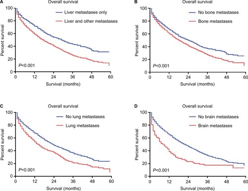 Figure 2 Kaplan–Meier curves for overall survival among patients with liver metastases according to individual metastases.Notes: (A) Patients with only liver metastases vs those with liver and other metastases. (B) Patients with bone metastases vs those without bone metastases. (C) Patients with lung metastases vs those without lung metastases. (D) Patients with brain metastases vs those without brain metastases.