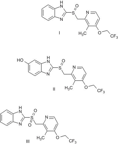 Figure 1.  Chemical structure of (I) lansoprazole, (II) 5-hydroxylansoprazole, and (III) lansoprazole sulfone.
