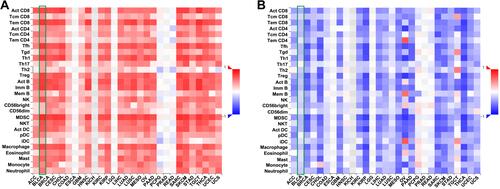 Figure 6 The relationships between FUT7 expression, methylation level and the abundance of tumor-infiltrating lymphocytes. (A) Relations between the expression of FUT7 and the abundance of 28 kinds of tumor-infiltrating lymphocytes (TILs) in various cancers. (B) Relations between the methylation level of FUT7 and the abundance of 28 kinds of tumor-infiltrating lymphocytes in various cancers.