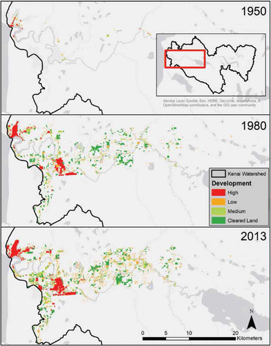 Figure 7. The expanding footprint of human development in the lower Kenai River watershed based on analysis of aerial photographs. Inset in top panel shows location within entire Kenai River watershed (area within black line). Most development is concentrated in the lowlands near the river main stem and tributaries. An interactive slider graphic showing greater detail is available at https://ak-nsf-epscor.github.io/kenai-change (July 2017).