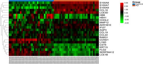 Figure 3 The heat map of the DEGs. The color from green to red indicates the expression of genes from low to high.