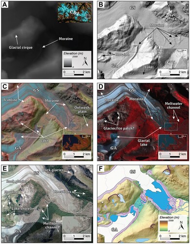 Figure 4. Steps during the mapping process for the area of Glaciar Stoppani (GS) and Glaciar Alessandri (GA). (A) In a first pass, the largest glacial features such as pronounced moraine ridges and glacial cirques were mapped from the SRTM GL1 DEM. The map shows the area in the easternmost part of the Cordillera Darwin Icefield (CDI). (B) The hillshade relief model derived from the medium-resolution ALOS PALSAR DEM reveals additional landforms and large glacier areas. Inset image shows a section of a vertical aerial photograph from the USAF Trimetrogon campaign of 1944/45, showing a glacial lake at that time. (C) Combination of hillshade (50% transparent) with a Sentinel-2 satellite image from 20 February 2022 (bands 11-8-4), which improves the mapping resolution of moraines, trimlines, lakes and the distal outwash plain. Inset image shows the coarse resolution of this image for smaller features. (D) A PlanetScope satellite image from 21 February 2022 (bands 4-3-2) allows the identification of more landforms and the distinction between glaciers and ice patches or between predominantly stable mountain lakes and dynamic glacial lakes. Inset image shows the improvement in spatial resolution with this imagery. (E) ESRI satellite imagery with the highest resolution, which significantly improves the quality of the mapping and reveals many more landforms that were previously unrecognisable, such as rock glaciers, lake shorelines, large glacial lineations, cirque moraines, etc. Inset image shows the finest mapping resolution. (F) Final map generation (respecting the legend of the Main Map) using datasets A to E with overlay of mapping on the hillshade DEM.