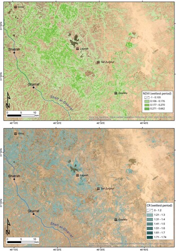 Figure 3. The multispectral indices NDVI and CR; the highest values of both indices are in the westernmost sector over the active Shatt al-Gharraf floodplain.