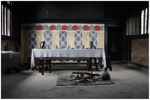 Fig. 5. Replica painted hanging in the hall of Bayleaf Farmhouse (c. 1540), Weald & Downland Open Air Museum, Sussex, as viewed in natural (day)light, July 2014.