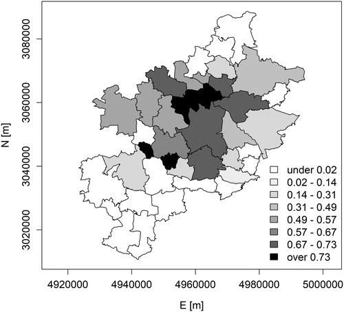 Figure 7. The spatial distribution of the ‘local κ’ [dimensionless] – the share of inhabitants using the district heating system in particular administrative units.