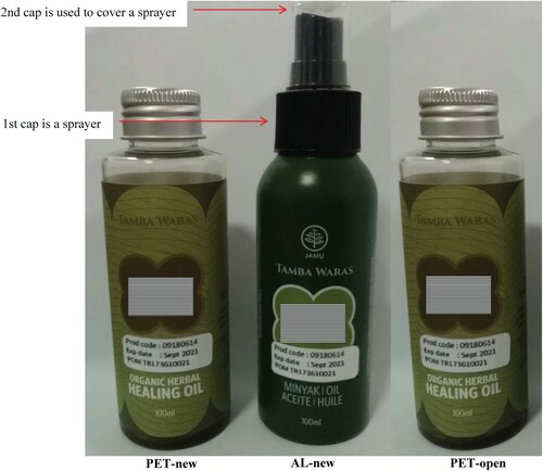 Figure 1. Different materials of the bottle for herbal oil packaging. PET-new: a PET plastic bottle. PET-open: a bottle material is the same as PET-new, but it has been opened for daily use for one month. During daily use, the bottle cap is fully opened. AL-new: an aluminum bottle has a sprayer cap type in which only its 2nd-cap is opened when daily use. The brand, volume, production code, production permit, and expired date in all different specimens are the same.