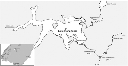Figure 1. Locations of nets within Lake Manapouri over the four eel fishing seasons (there is often overlap as nets can be set in the same or similar location for multiple seasons). The two primary net locations – Shallow Bay and Pearl Harbour are marked, as are the locations of the power station and the lake control structure (MLC).