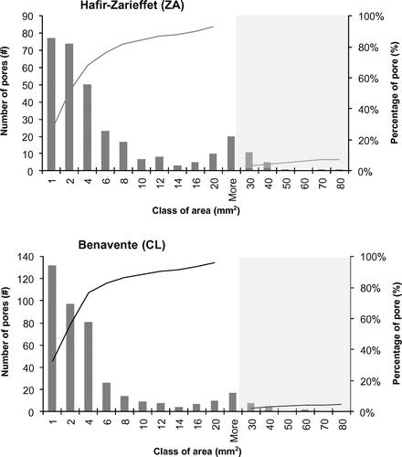 Figure 2. Histogram for the pore area feature in all cork samples from Hafir-Zarieffet (ZA) and Benavente (CL).