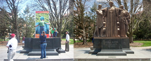 Figure 6. Left – Mounting the poster that was used as a fiducial marker on the granite base, and right the AR representation of Alma Mater (photo: Magdalena Dajnowski).